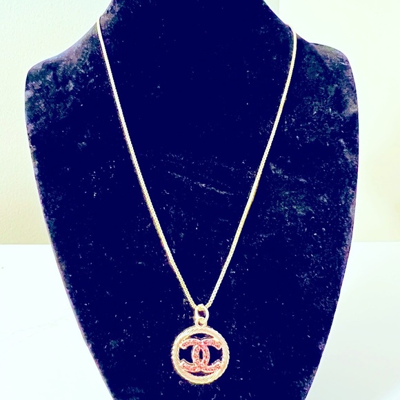 CHANEL Jewelry - Gold and Pink Crystal CHANEL CC Charm and Necklace